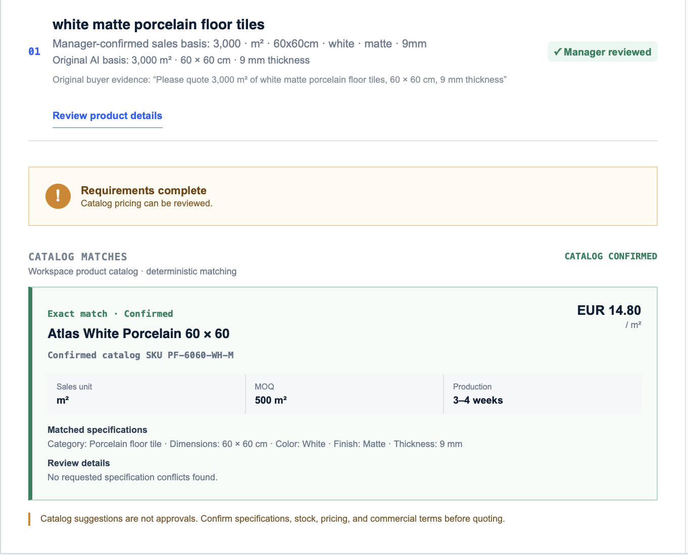 Catalog review matching approved specifications to a controlled SKU and catalog price.